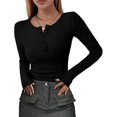 thumbnail image 1 of Women's Long Sleeve T-Shirt, Casual Henley Shirt for Spring and Fall, Slim Fit Basic Top, Ribbed Knit Button T-Shirt, 1 of 6