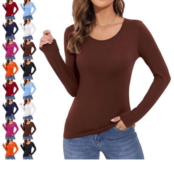 Women's Long Sleeve T-Shirt Crewneck Rayon Slim Fit Stretchy Layer T Shirts Basic Tops Plus Size Fall Tops Coffee L