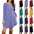 thumbnail image 1 of Women's Long Sleeve T-Shirt Dress Round Neck Knee-Length Loose Fit Casual with Pockets for Spring and Autumn Everyday Outfits,Blue,S, 1 of 6