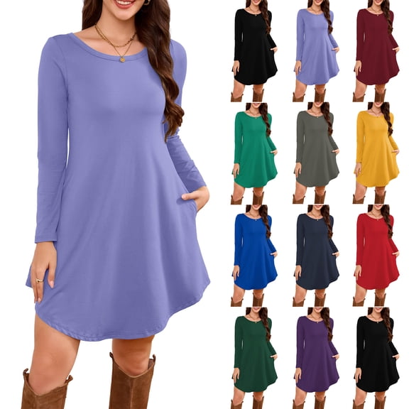 Women's Long Sleeve T-Shirt Dress Round Neck Knee-Length Loose Fit Casual with Pockets for Spring and Autumn Everyday Outfits,Wine,M