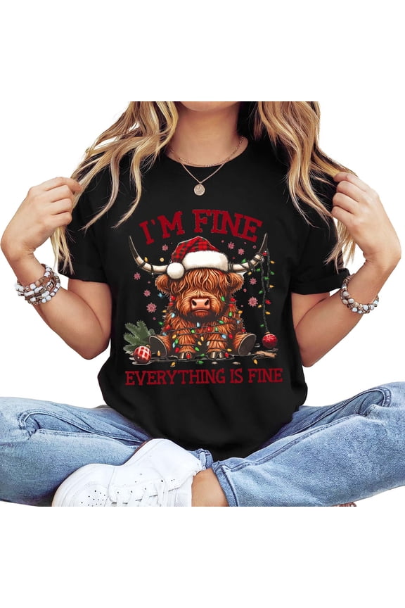 Women's Long Sleeve T-Shirt, "I'm Fine" Christmas Highland Cow Print, Black Casual Holiday Graphic Top