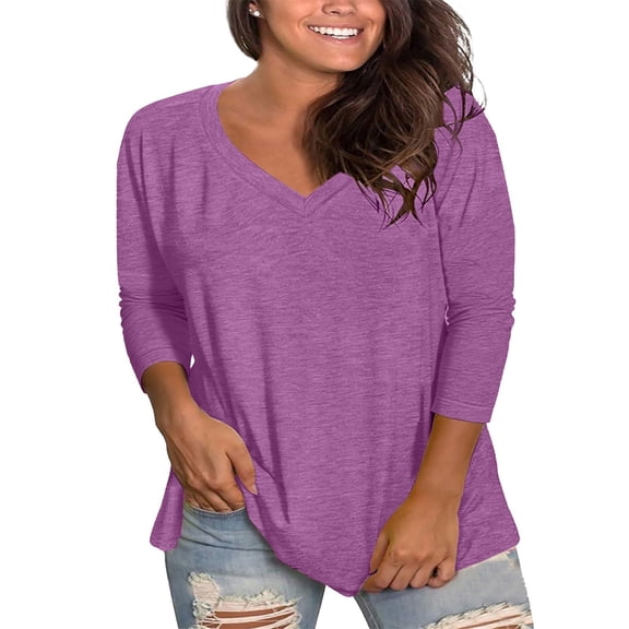 Women's Long Sleeve T-Shirt Rose Gold Solid Color Fashion Plus Size V-Neck 3/4 Sleeve Top For Women WCJM Women Blending Shirts