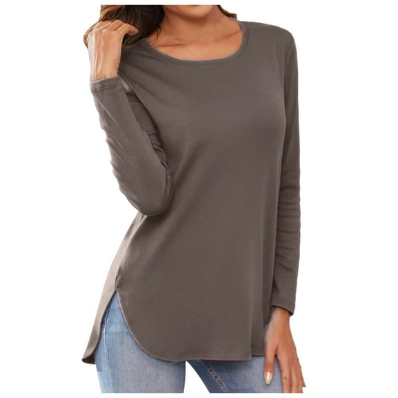 Women's Long Sleeve T Shirt Round Neck Side Split Basic Solid Tunic Tops Casual 2025 Fall Fashion Loose Dressy Work Clothes