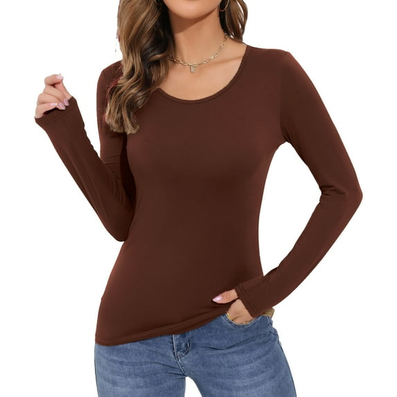 Women's Long Sleeve T-Shirt Scoop Neck Basic Layer Stretchy Shirts Coffee L