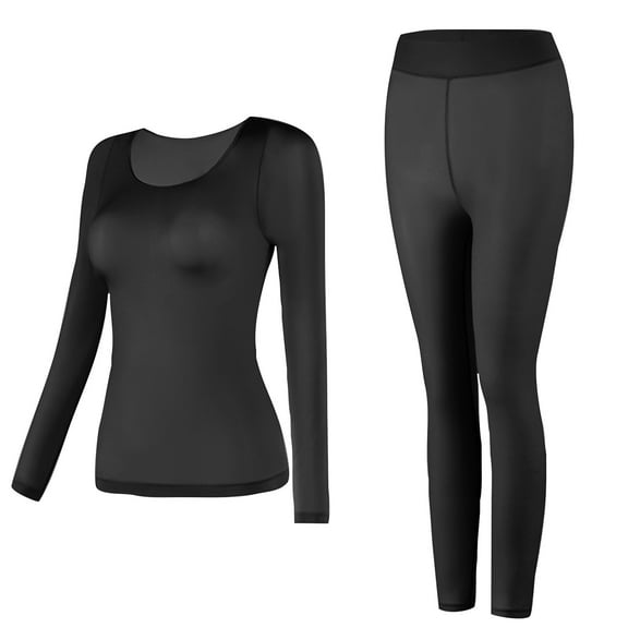 Women's Long Sleeve T-Shirt Scoop Neck Basic Layer Stretchy Shirts with Pants Solid Undershirts Pajamas Sets Black,L