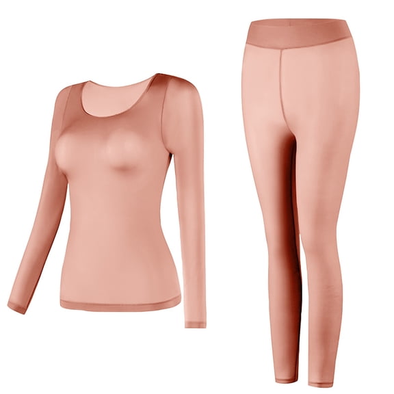 Women's Long Sleeve T-Shirt Scoop Neck Basic Layer Stretchy Shirts with Pants Solid Undershirts Pajamas Sets Pink,XL