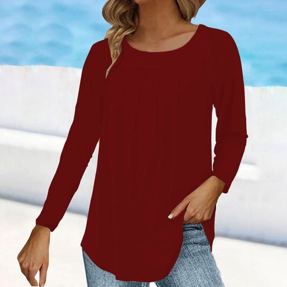 Women's Long Sleeve T-Shirt WCJM Women Blending Shirts Wine Long Sleeve Women's Fall Casual Solid Color Vertical Ruched Crew Neck T-Shirt Base Layer
