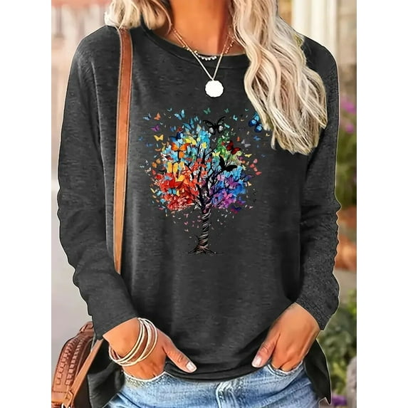 Women's Long Sleeve T-Shirts Butterfly Tree Graphic Print Tees Casual Crew Neck Tunic Tops, Black, L