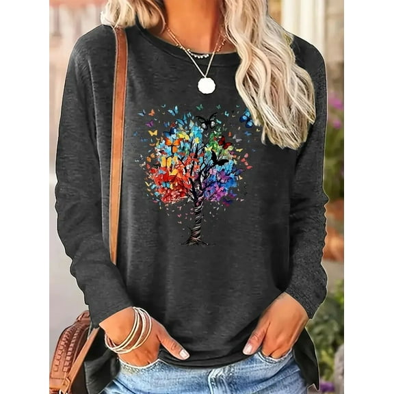 Women's Long Sleeve T-Shirts Butterfly Tree Graphic Print Tees Casual Crew Neck Tunic Tops, Black, S