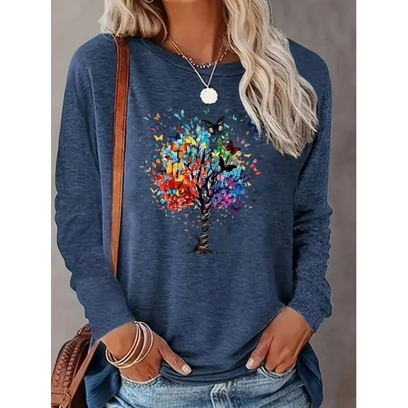 Women's Long Sleeve T-Shirts Butterfly Tree Graphic Print Tees Casual Crew Neck Tunic Tops, Blue, XL