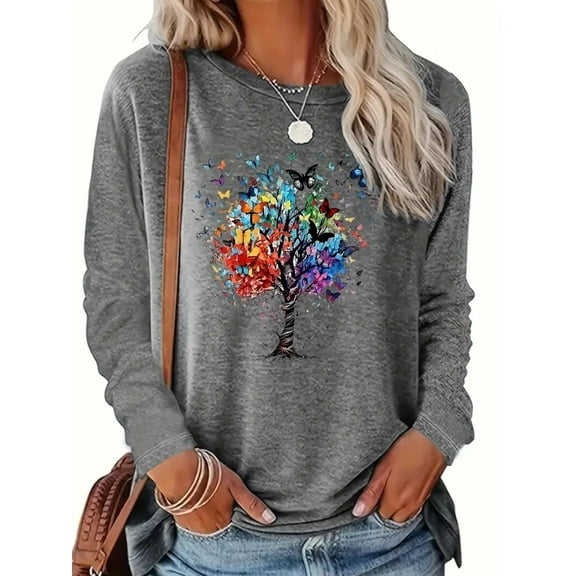 Women's Long Sleeve T-Shirts Butterfly Tree Graphic Print Tees Casual Crew Neck Tunic Tops, Grey, S