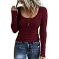 thumbnail image 1 of Women’s Long Sleeve T Shirts Button Down Slim Fit Tops Scoop Neck Ribbed Knit Shirts,A1-burgundy,Medium, 1 of 3