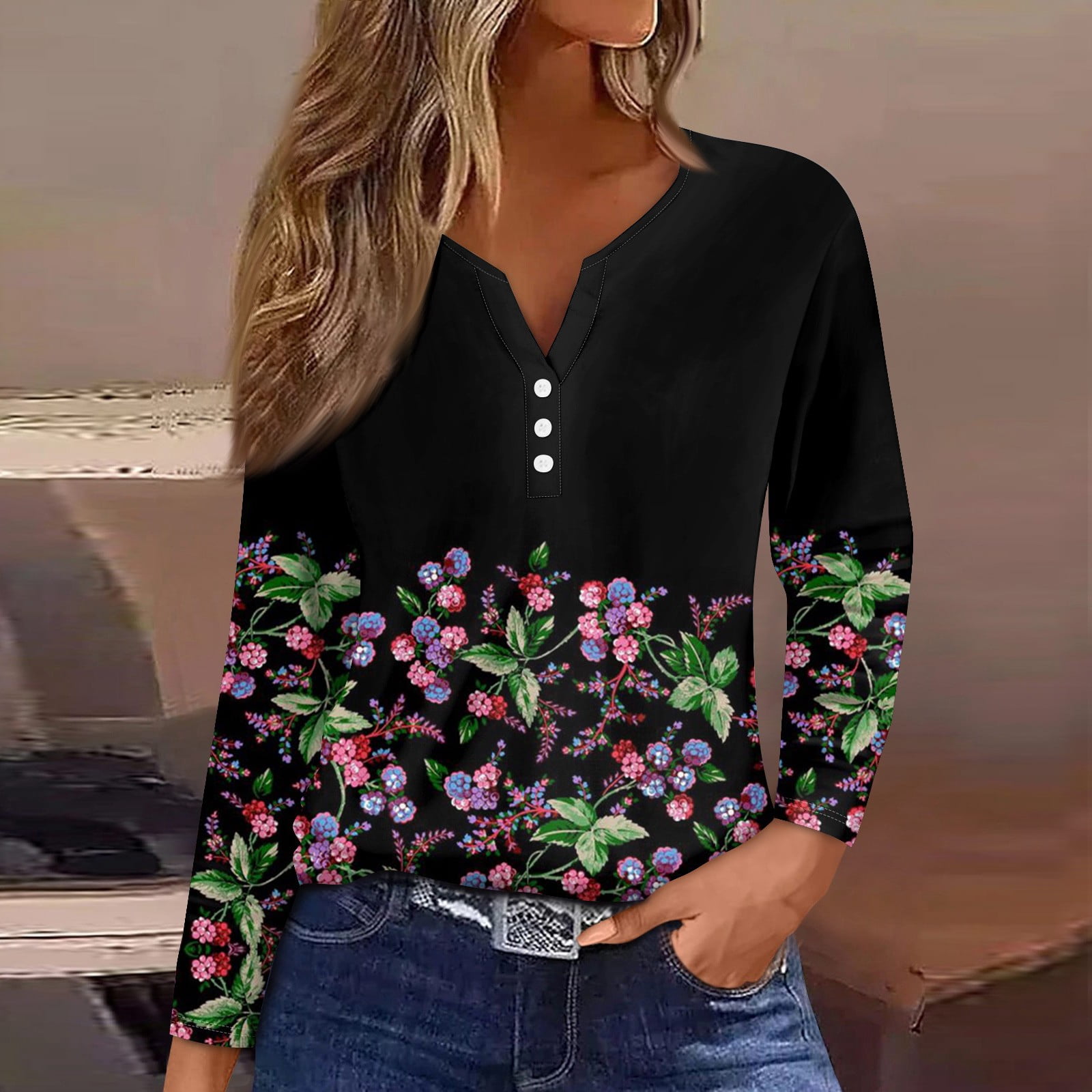 Women's Long Sleeve TShirts. Button Up Henley V Neck T Shirts Floral