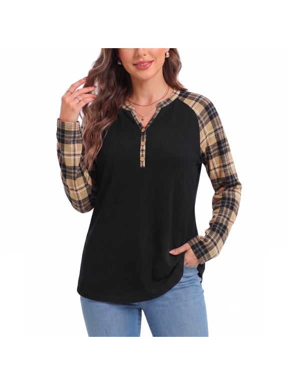 Women's Long Sleeve Tops Plaid Raglan Sleeve Henley Tunic Shirt V Neck Button Casual Top for Spring Fall Winter