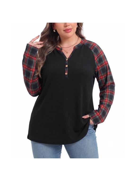 Women's Long Sleeve Tops Plaid Raglan Sleeve Henley Tunic Shirt V Neck Button Casual Top for Spring Fall Winter