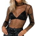 thumbnail image 1 of Women's Long Sleeve T Shirts Crew Neck Sequins Solid Color Mesh Lace Blouses Beach Vacation Tops Trendy 2025, 1 of 9