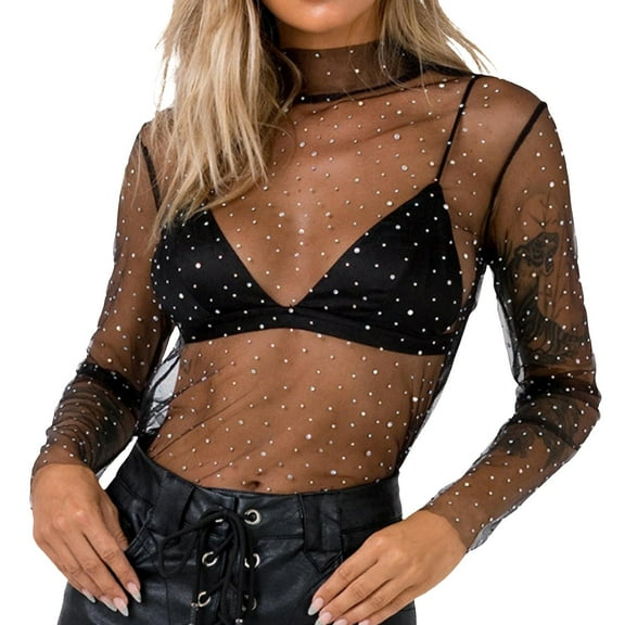 Women's Long Sleeve T Shirts Crew Neck Sequins Solid Color Mesh Lace Blouses Beach Vacation Tops Trendy 2025