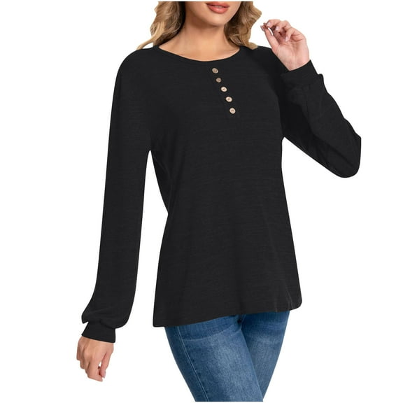 Women's Long Sleeve T-Shirts Fall 2025 Loose Button Front Crew Neck Tunic Tops Dressy Going Out Casual Blouse Black XL