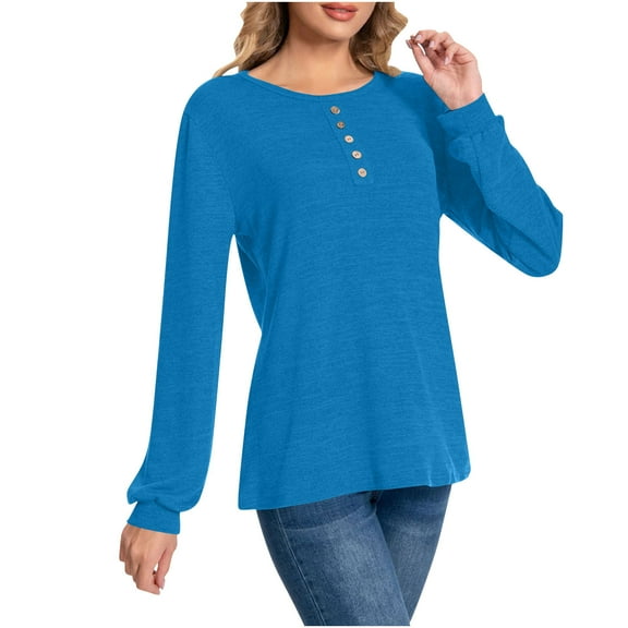 Women's Long Sleeve T-Shirts Fall 2025 Loose Button Front Crew Neck Tunic Tops Dressy Going Out Casual Blouse Blue L