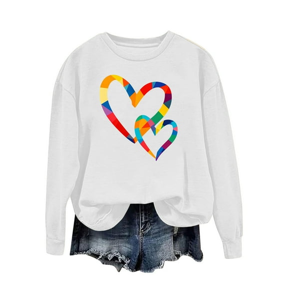 Women's Long Sleeve T-Shirts Rainbow Color Heart Printed Casual Basic Crew Neck Tees Tops Loose Cute Graphic Blouses