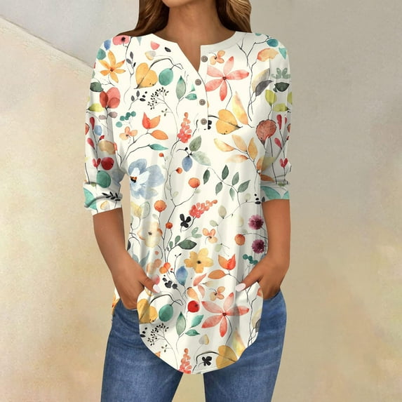 Women's Long Sleeve T-shirt 3/4 Length Sleeve Womens Tops 2025 Spring Neck Casual Print Tunic T Shirts Three Quarter Length Womens Tops,Beige Women's Long sleeve T-shirt M