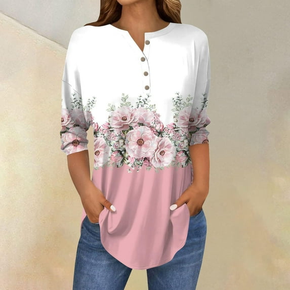 Women's Long Sleeve T-shirt 3/4 Length Sleeve Womens Tops 2025 Spring Neck Casual Print Tunic T Shirts Three Quarter Length Womens Tops,Pink Women's Long sleeve T-shirt XL