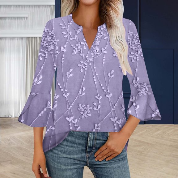 Women's Long Sleeve T-shirt 3/4 Length Sleeve Womens Tops V Neck Spring Shirts 2025 Petal Bell Sleeve Plus Size Boho Ethnic Style Tee Shirts,Blue Women's Long sleeve T-shirt L