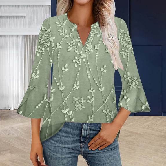 Women's Long Sleeve T-shirt 3/4 Length Sleeve Womens Tops V Neck Spring Shirts 2025 Petal Bell Sleeve Plus Size Boho Ethnic Style Tee Shirts,Green Women's Long sleeve T-shirt S