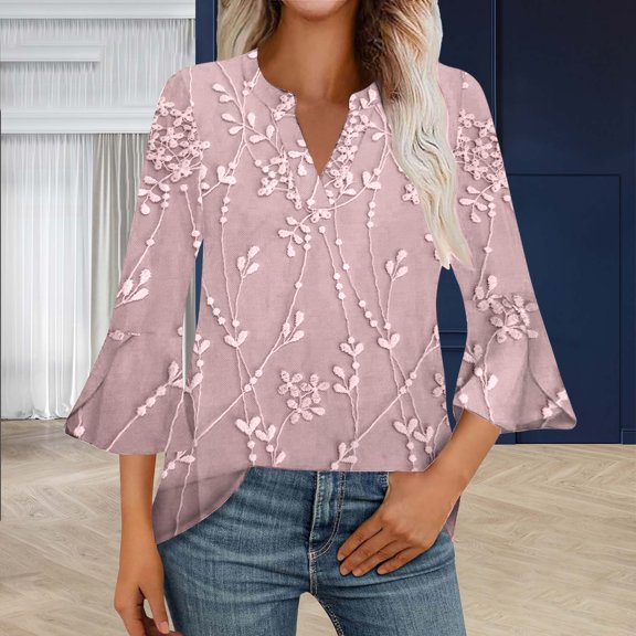 Women's Long Sleeve T-shirt 3/4 Length Sleeve Womens Tops V Neck Spring Shirts 2025 Petal Bell Sleeve Plus Size Boho Ethnic Style Tee Shirts,Pink Women's Long sleeve T-shirt XXL