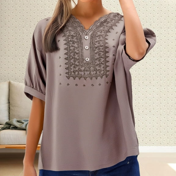 Women's Long Sleeve T-shirt 3/4 Sleeve Linen Shirts For Women 2025 Cotton Summer Retro Embroidered Boho Tops Casual Trendy Vacation Blouse,Brown Women's Long sleeve T-shirt XXL