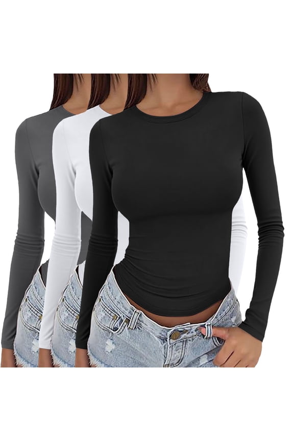 Women's Long Sleeve T-shirt 3 Pieces Women Y2K Basic Long Sleeve Top Slim Baby Tee Round Neck Dupe Crop Layering Slim Top Blouse Aesthetic Streetwear, Women's Long sleeve T-shirt M