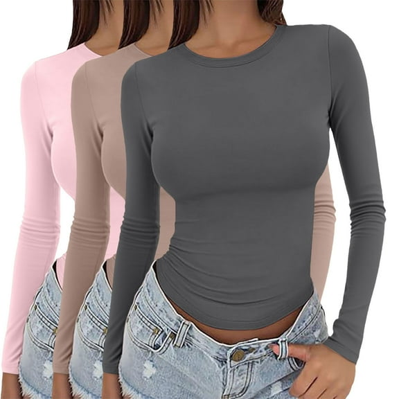 Women's Long Sleeve T-shirt 3 Pieces Women Y2K Basic Long Sleeve Top Slim Baby Tee Round Neck Dupe Crop Layering Slim Top Blouse Aesthetic Streetwear, Women's Long sleeve T-shirt M