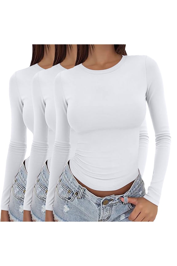 Women's Long Sleeve T-shirt 3 Pieces Women Y2K Basic Long Sleeve Top Slim Baby Tee Round Neck Dupe Crop Layering Slim Top Blouse Aesthetic Streetwear, Women's Long sleeve T-shirt M