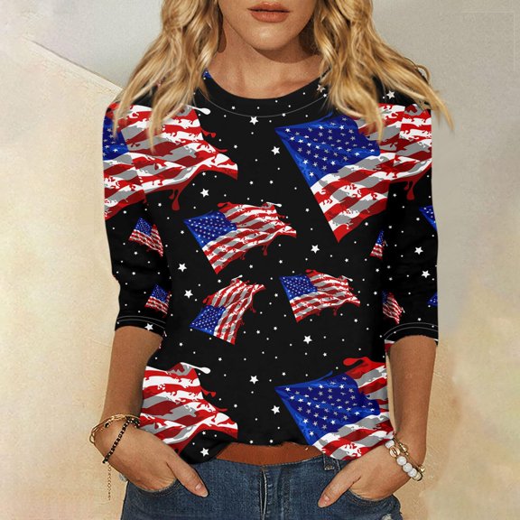 Women's Long Sleeve T-shirt Plus Size 4Th Of July Tops For Women 3/4 Sleeve Spring And Patriotic Top Women Neck Festival Blouses Clothes,Black Women's Long sleeve T-shirt S