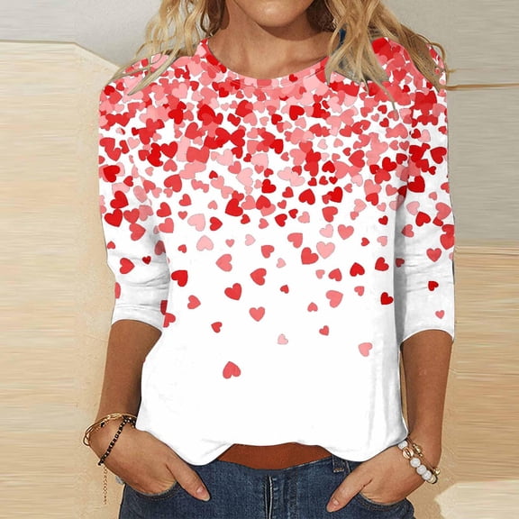 Women's Long Sleeve T-shirt Valentines Day Shirts For Women Love Heart Print 3/4 Sleeve Tops Cotton Crewneck Pullover Blouse Gifts Tunic Tshirt,