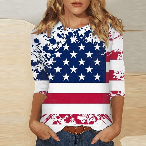 Women's Long Sleeve T-shirt Women 3/4 Sleeve Spring And Patriotic Top Women Neck Festival Blouses Clothes,White Women's Long sleeve T-shirt S