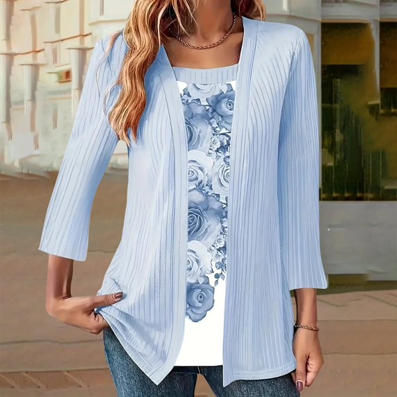 Women's Long Sleeve T-shirt Women 3/4 Sleeves Open Front Lightweight Cardigan,Blue Women's Long sleeve T-shirt XXL