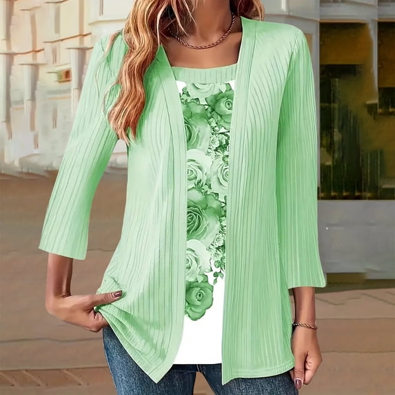 Women's Long Sleeve T-shirt Women 3/4 Sleeves Open Front Lightweight Cardigan,Green Women's Long sleeve T-shirt XXL