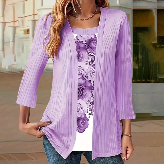 Women's Long Sleeve T-shirt Women 3/4 Sleeves Open Front Lightweight Cardigan,Purple Women's Long sleeve T-shirt L