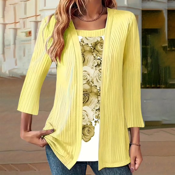 Women's Long Sleeve T-shirt Women 3/4 Sleeves Open Front Lightweight Cardigan,Yellow Women's Long sleeve T-shirt M