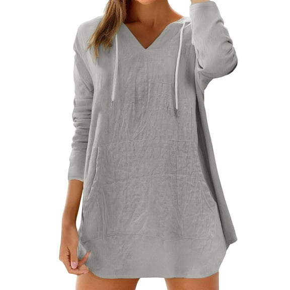 Women's Long Sleeve T-shirt Women'S Cotton Linen Long Sleeved Hooded T Shirt Beach Long Sleeved V Neck Large Pocket Shirt Top, Women's Long sleeve T-shirt M