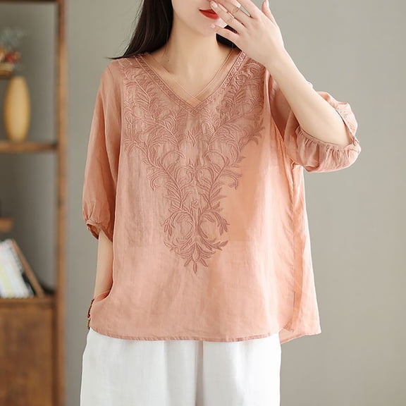 Women's Long Sleeve T-shirt Women'S Embroidered Top Cotton Linen Puff Short Sleeve Crewneck Boho Blouse Casual Button Down T Shirts,Pink Women's Long sleeve T-shirt M