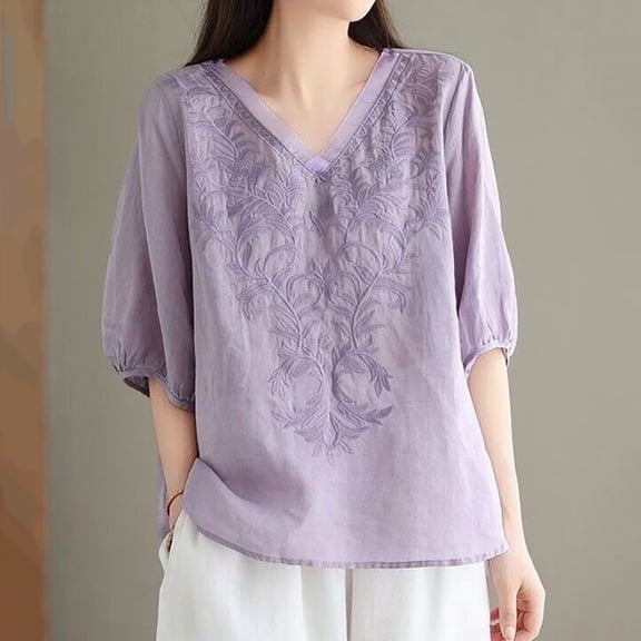 Women's Long Sleeve T-shirt Women'S Embroidered Top Cotton Linen Puff Short Sleeve Crewneck Boho Blouse Casual Button Down T Shirts,Purple Women's Long sleeve T-shirt M