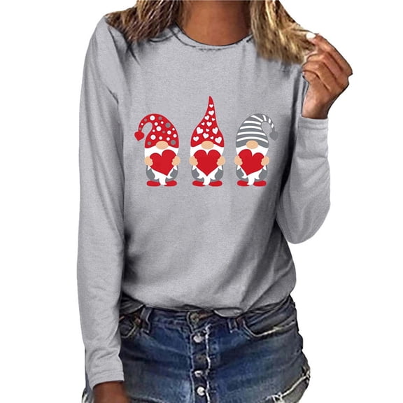 Women's Long Sleeve T-shirt Women'S Fashion Valentine'S Day Gnome Print Round Neck Long Sleeve Top T Shirt, Women's Long sleeve T-shirt