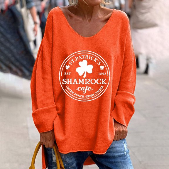 Women's Long Sleeve T-shirt Women'S St. Day Letter Print V Neck Long Sleeved Loose Casual And Comfortable T Shirt Top, Women's Long sleeve T-shi