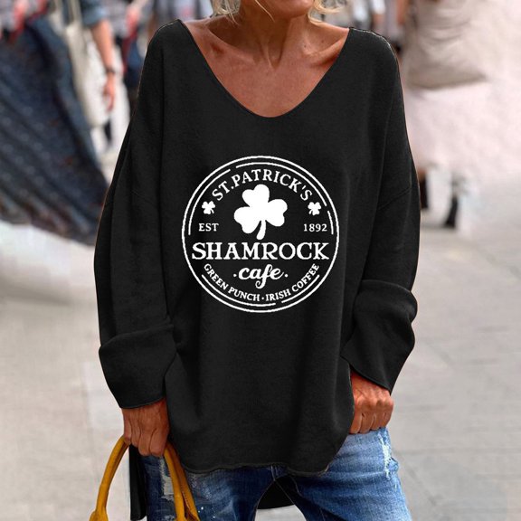 Women's Long Sleeve T-shirt Women'S St. Day Letter Print V Neck Long Sleeved Loose Casual And Comfortable T Shirt Top, Women's Long sleeve T-shi