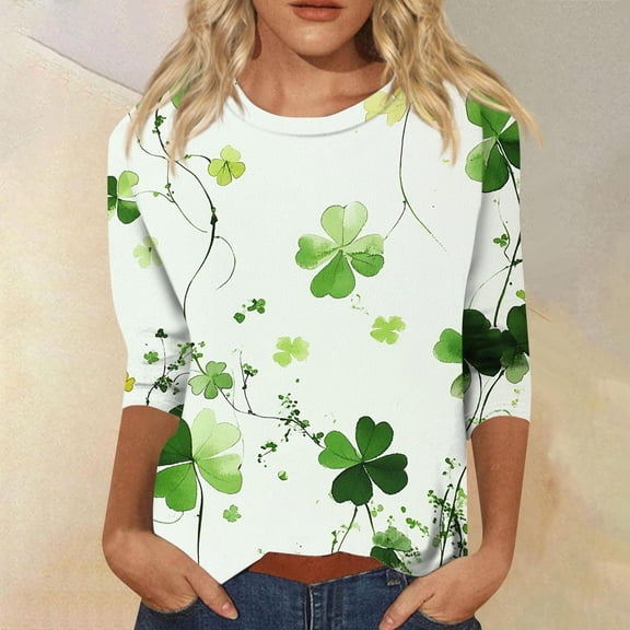 Women's Long Sleeve T-shirt Womens St Day Tops Print 3/4 Sleeve Shirt Spring Tunic Tops Round Neck Blouse Plus Size Sweatshirt, Women's Long sle