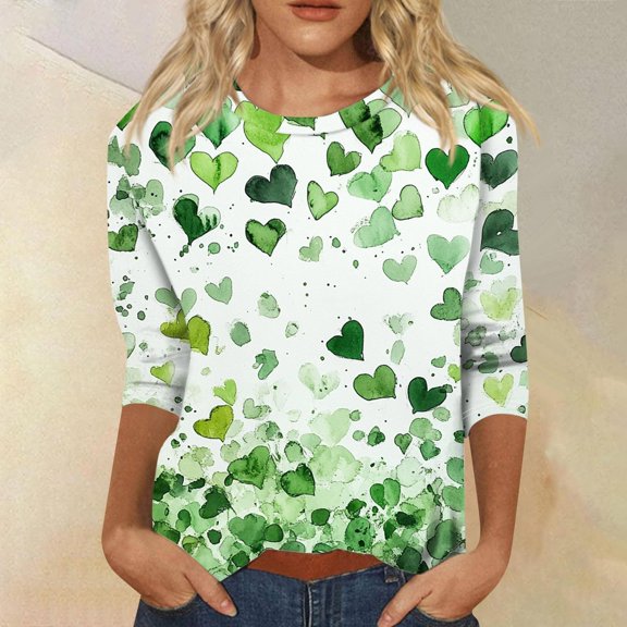 Women's Long Sleeve T-shirt Womens St Day Tops Print 3/4 Sleeve Shirt Spring Tunic Tops Round Neck Blouse Plus Size Sweatshirt, Women's Long sle