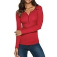 thumbnail image 1 of Women's Long Sleeve T-shirt Womens V Neck Shirts Long Sleeve Solid Button Down Basic Tops Tees,Red Women's Long sleeve T-shirt XL, 1 of 5