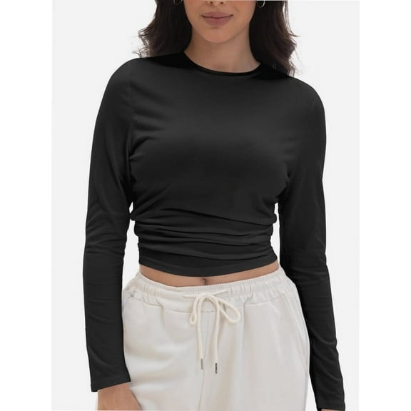 Women's Long Sleeve T-shirts Crew Neck Slim Fit Layered Crop Tops Soft Basic Tee